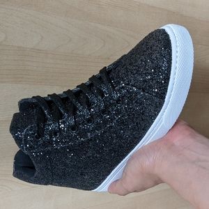Women's high top sneakers glitter sequin upper lace up black